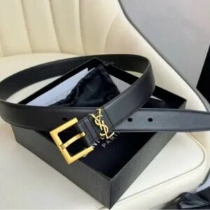 YSL - Yves Saint Laurent Black Belt with Gold Buckle - 80cm